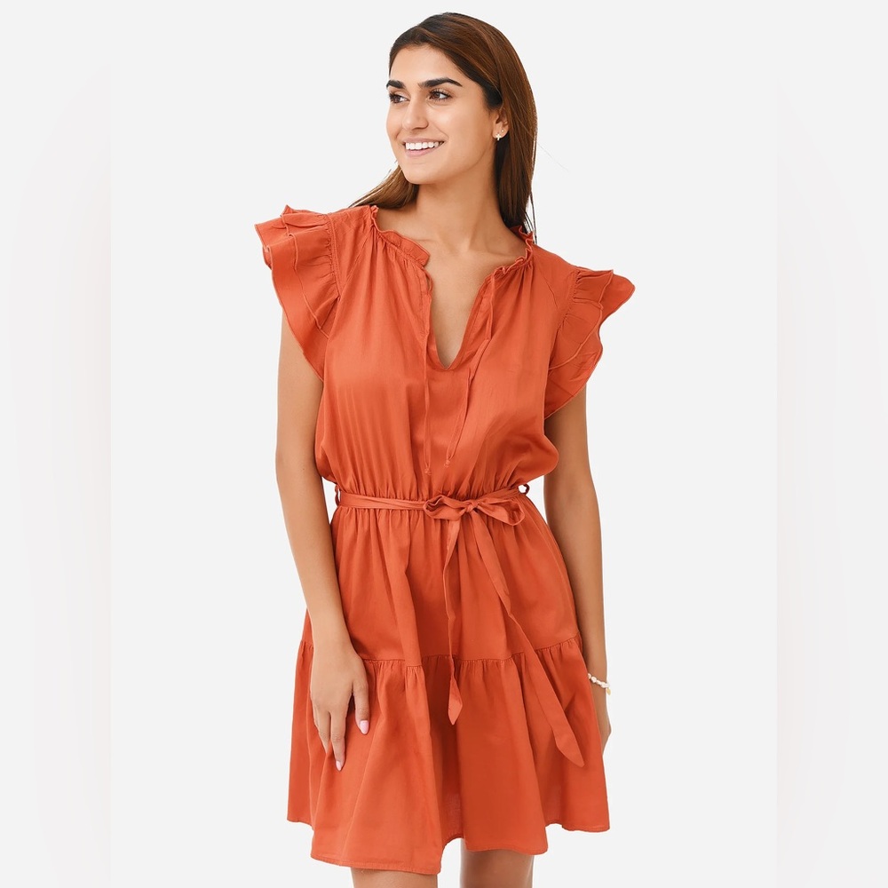 Stark X Ruffle Sleeve Tie-Waist Mini Dress – Women’s Small – Terracotta Orange
